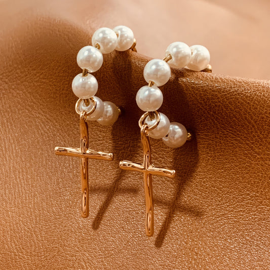 Gold Cross Drop Earrings With White Pearl | Dangle Earrings | Cross Open Hoop Earrings |  Religious Jewelry | Faith Earrings | Gift for Her