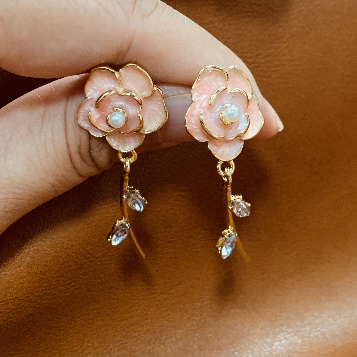 Camellia Flower Drop Earrings | Elegant Pink Floral Earrings | Gold Dangle Earrings with CZ Rhinestones | Gift for Her | Bridesmaid Jewelry