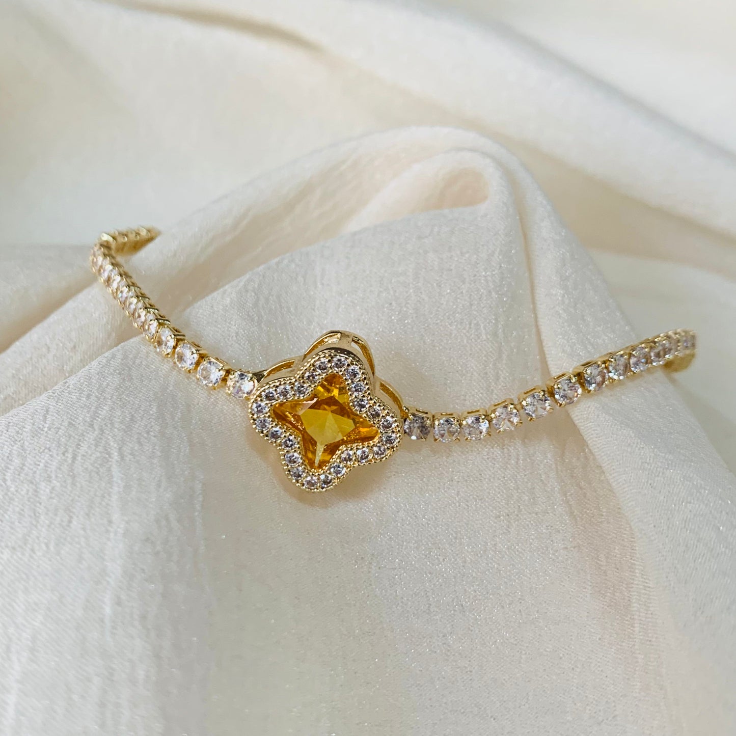 Gold Clover Star CZ Tennis Bracelet 7.4 inches| Dainty Minimalist Bling Chain | Lucky Charm Bracelet