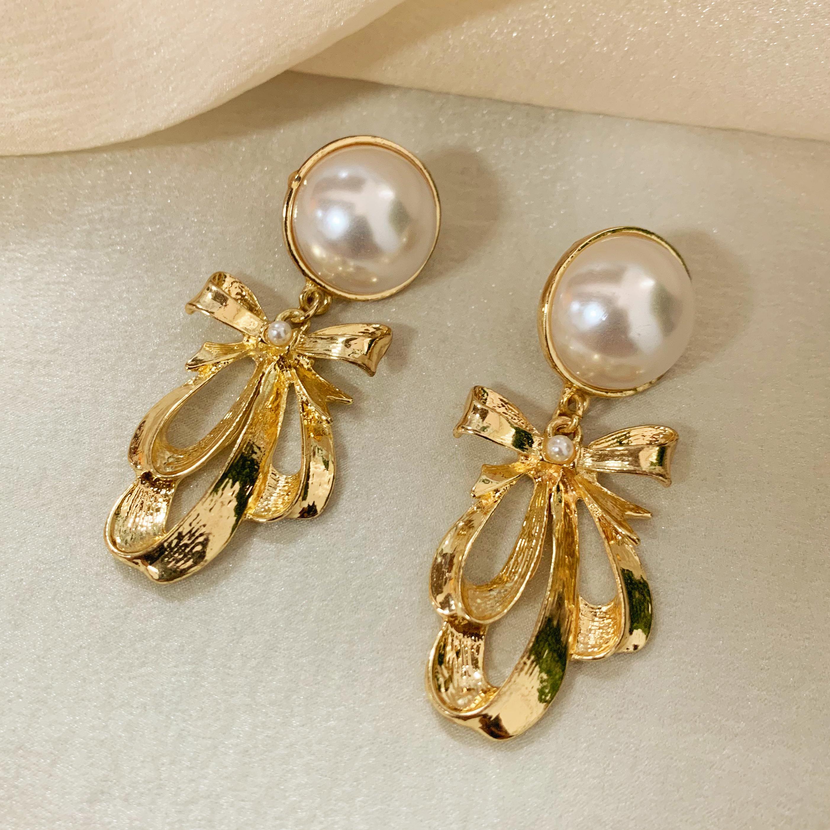 Gold Bow Pearl Earrings