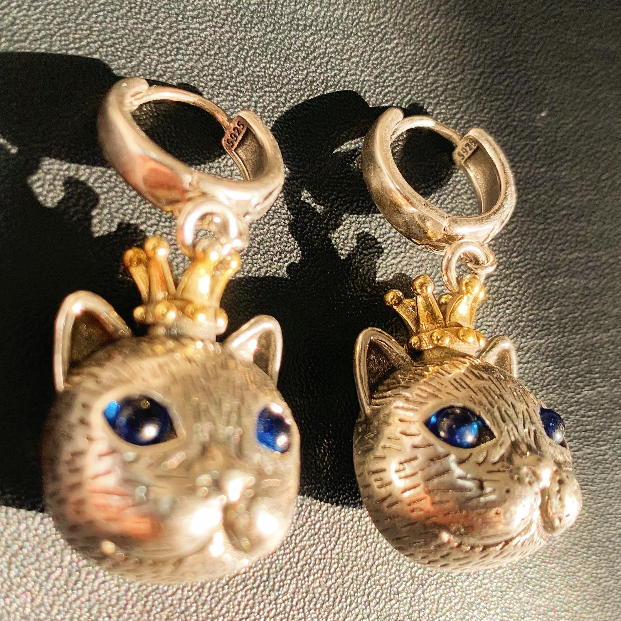 Crown Cat Earrings with Blue Gemstone