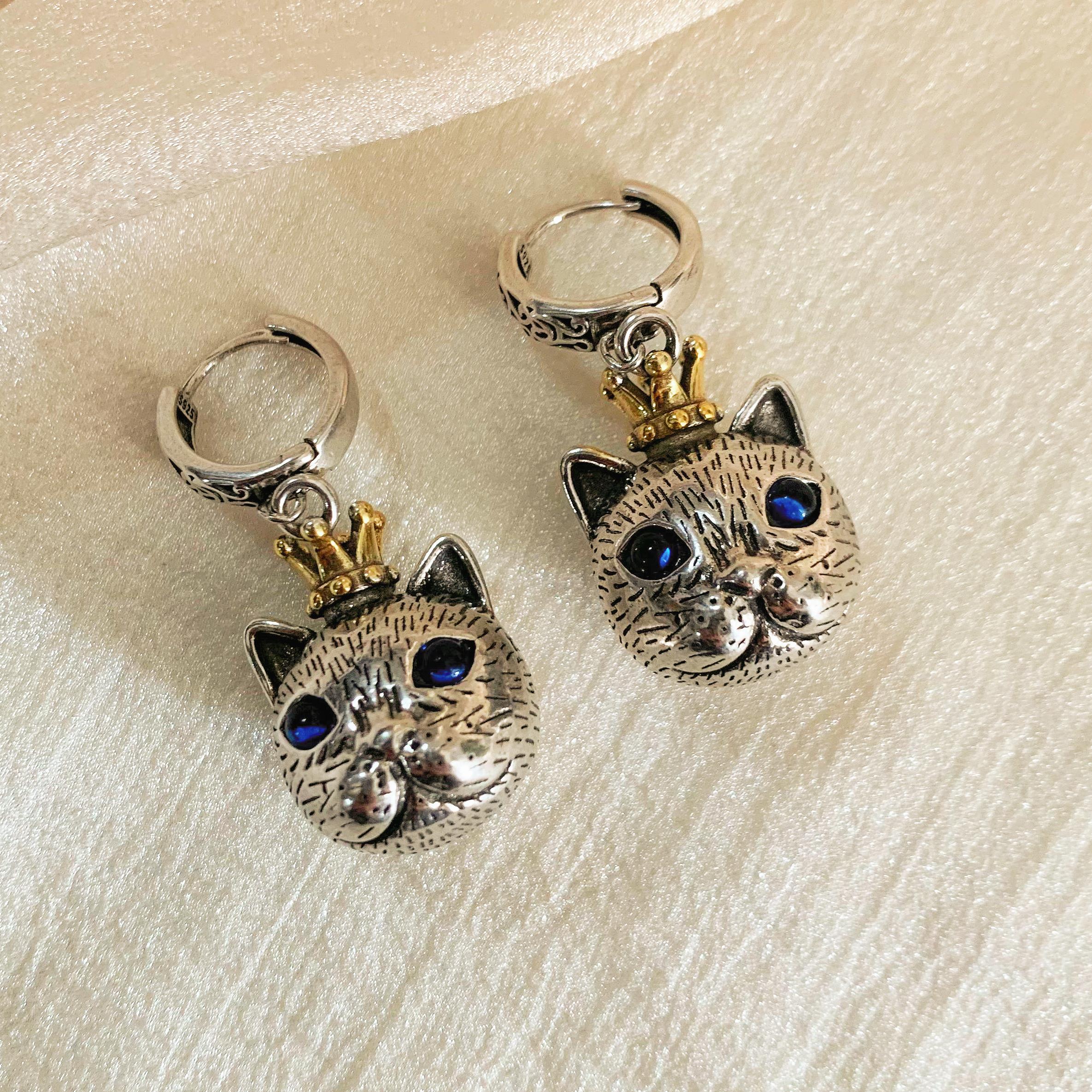 Crown Cat Earrings with Blue Gemstone