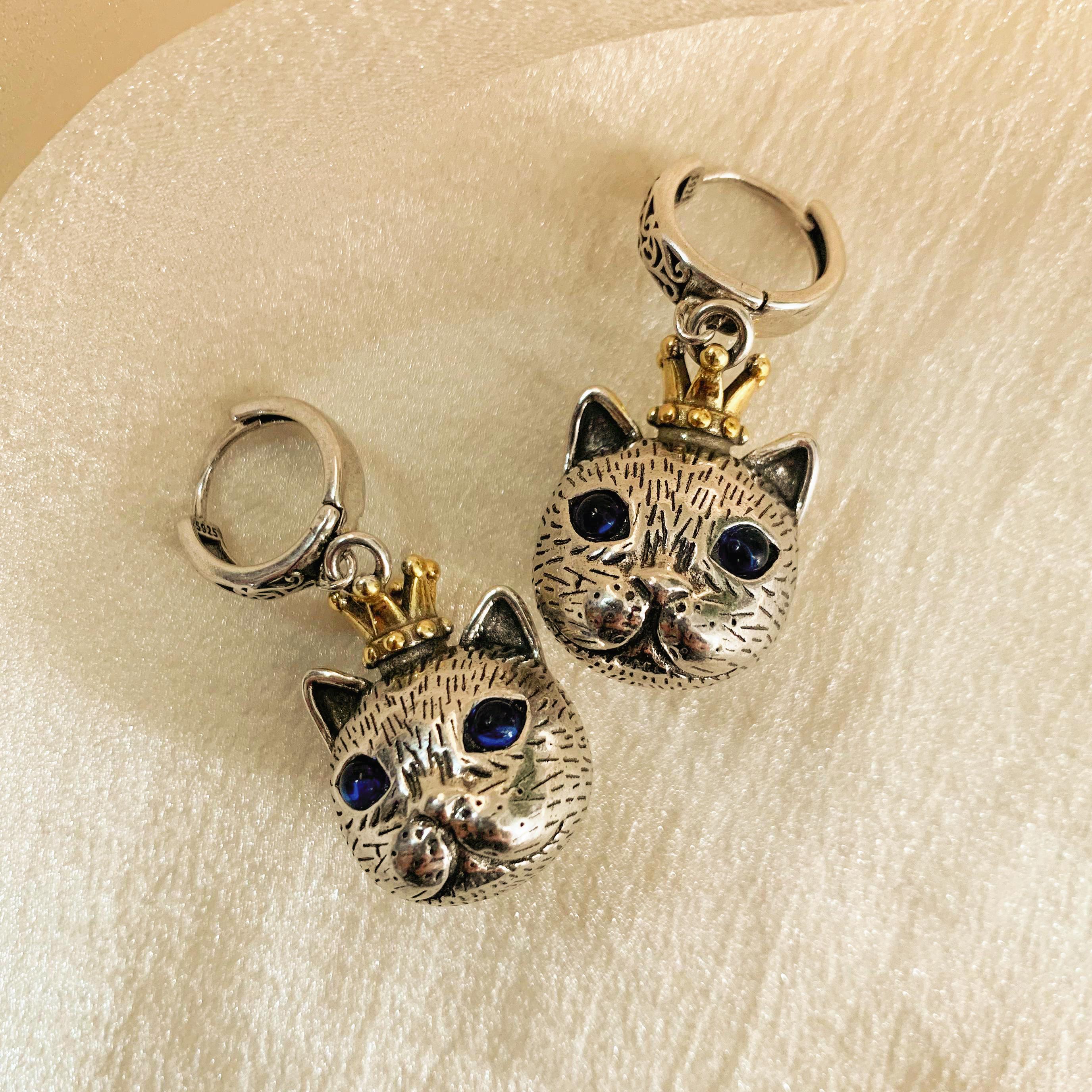Crown Cat Earrings with Blue Gemstone
