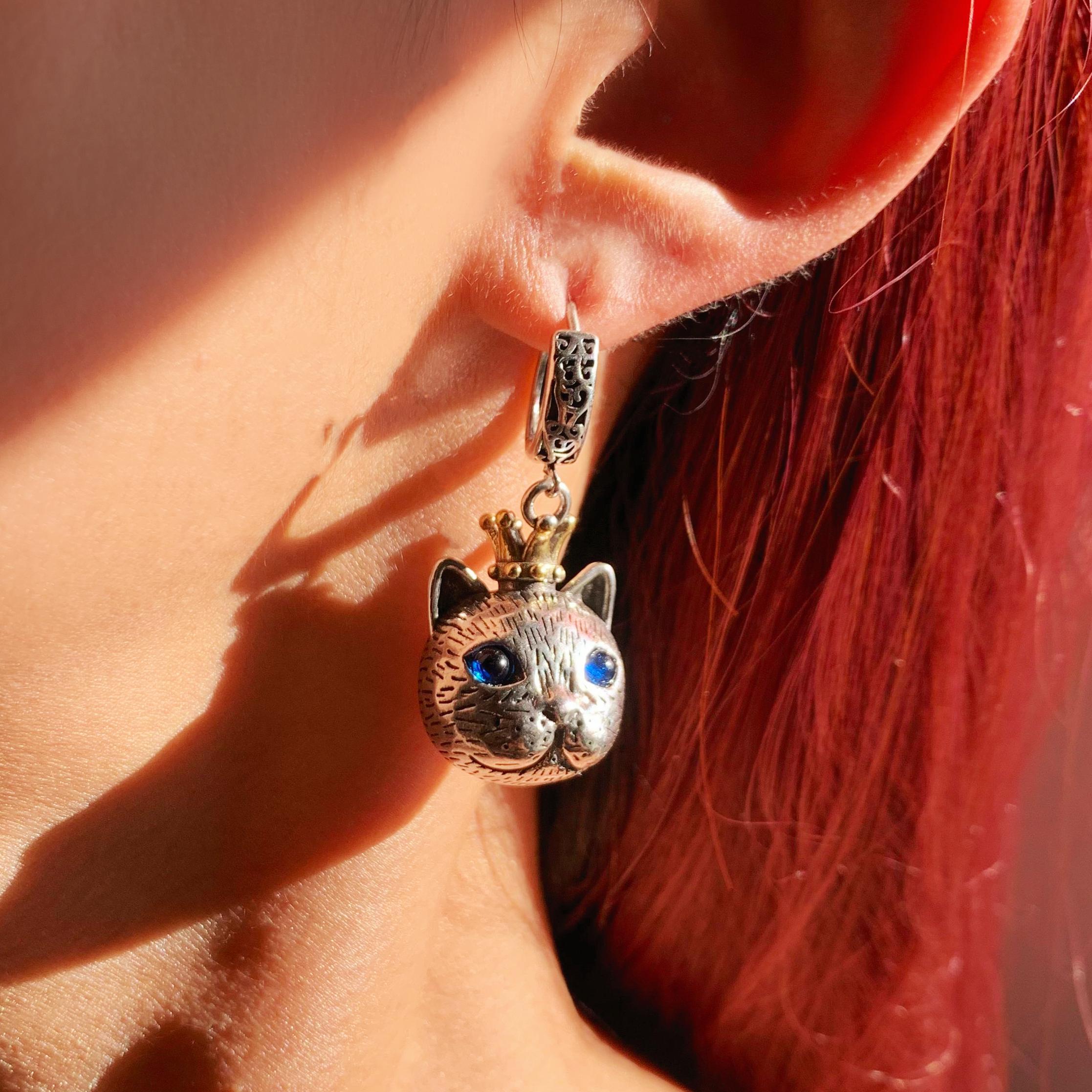 Crown Cat Earrings with Blue Gemstone
