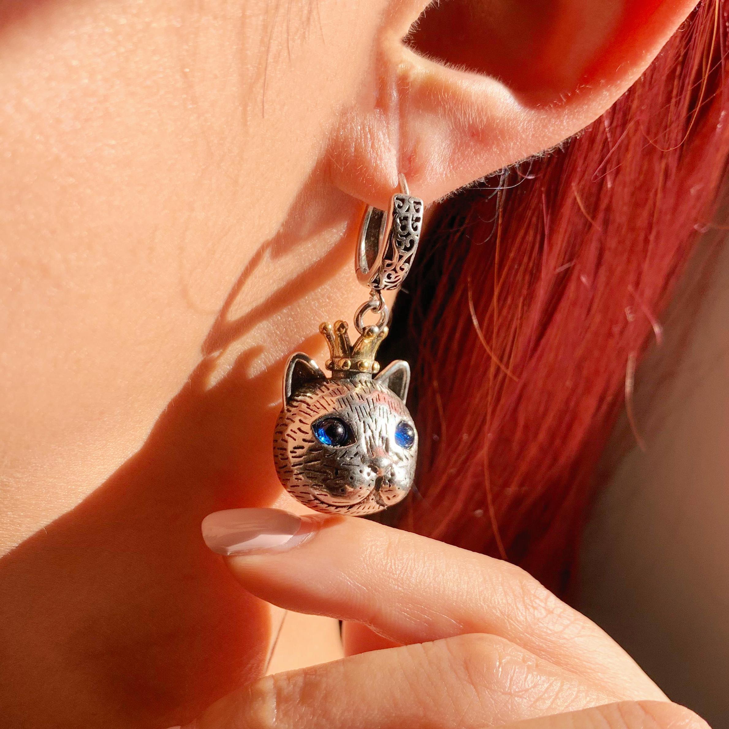 Crown Cat Earrings with Blue Gemstone