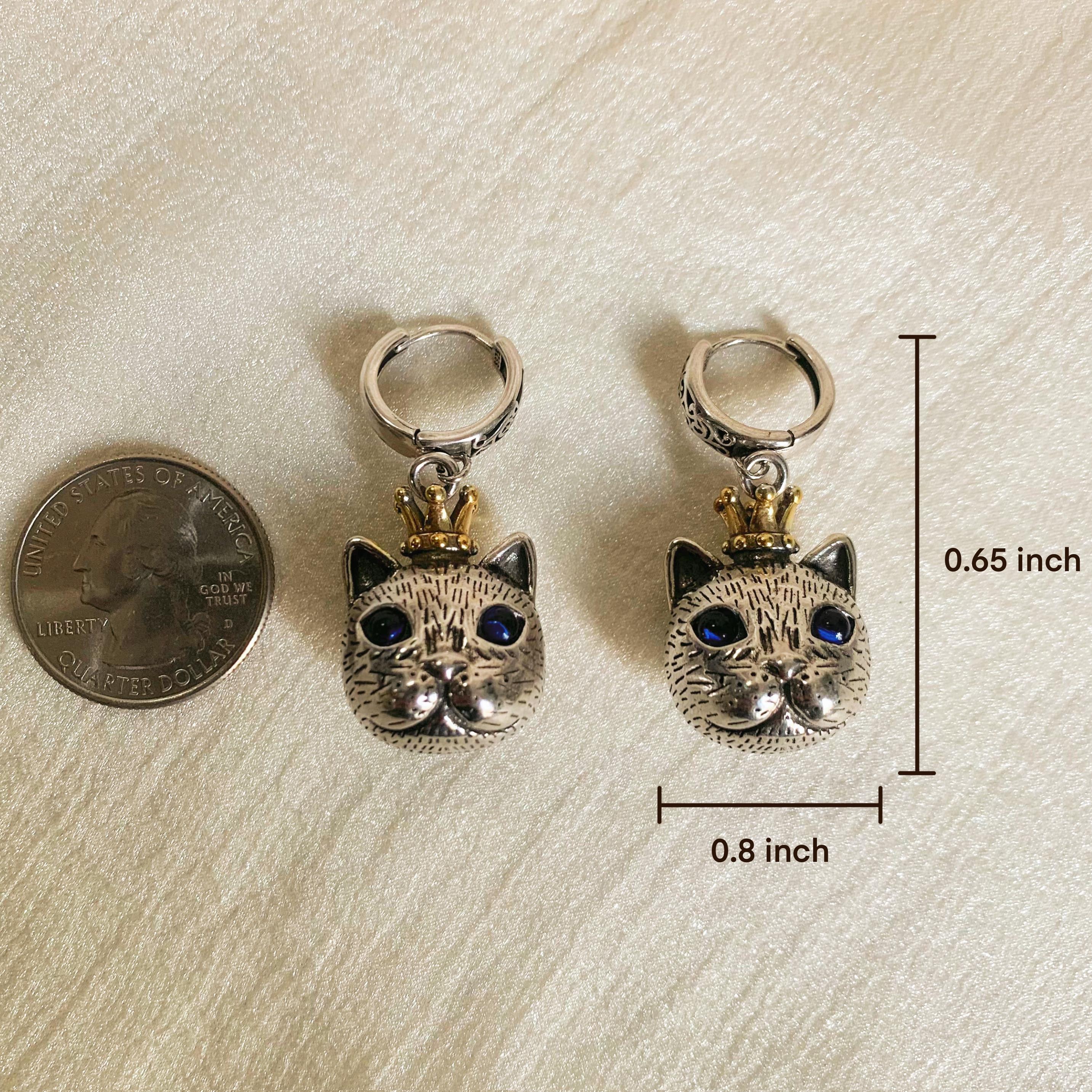 Crown Cat Earrings with Blue Gemstone