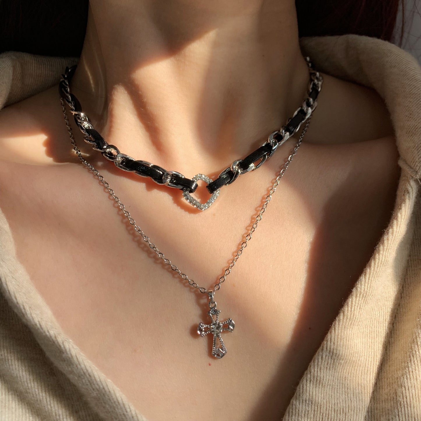 Y2K Gothic Cross Necklace  | 925 Sterling Silver Layered Chains | Christian Protection Pendant