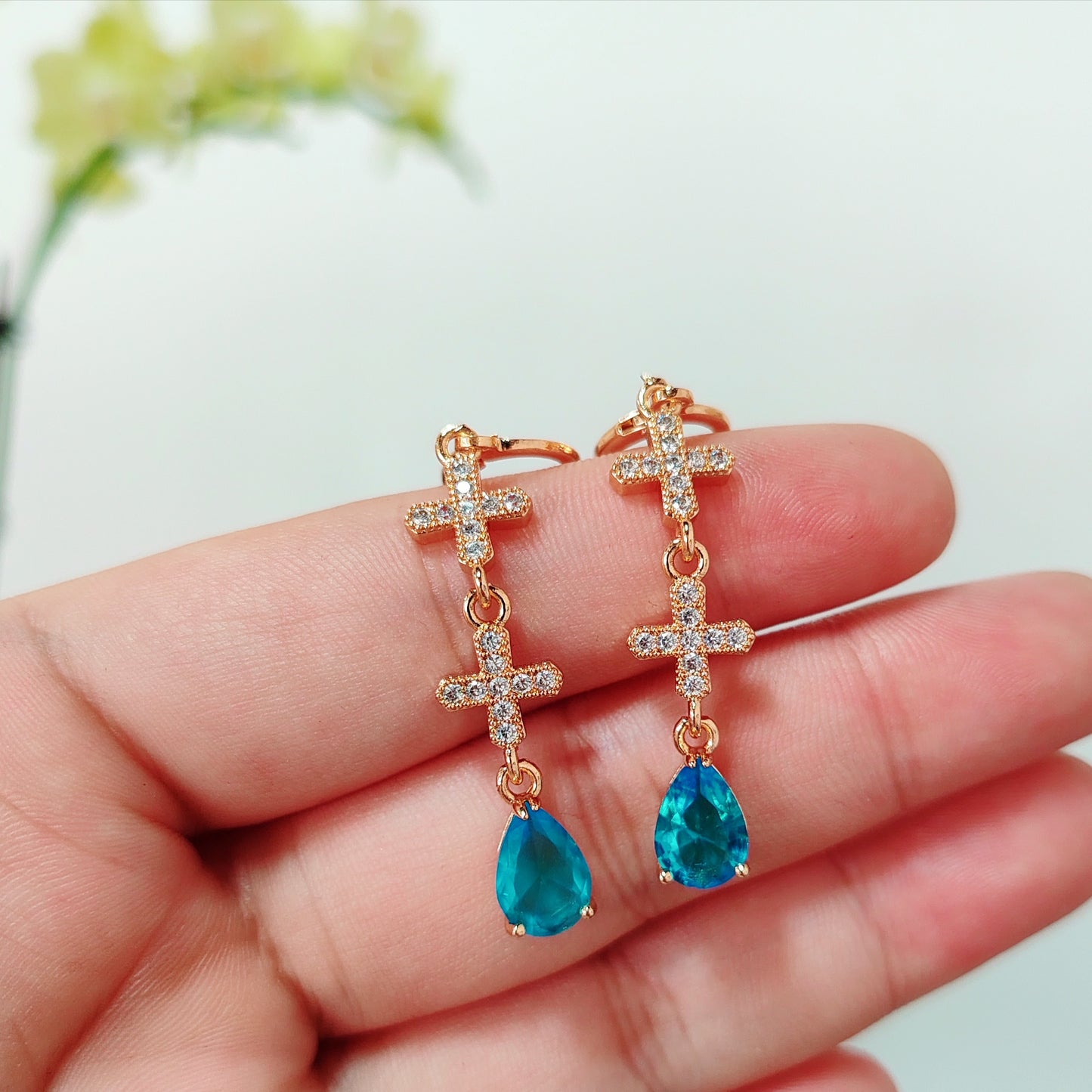 Cross Dangle Earrings with Blue Teardrop CZ | Long Drop Religious Earrings | Baptism Gift | Wedding Earrings | Statement Earrings for Her