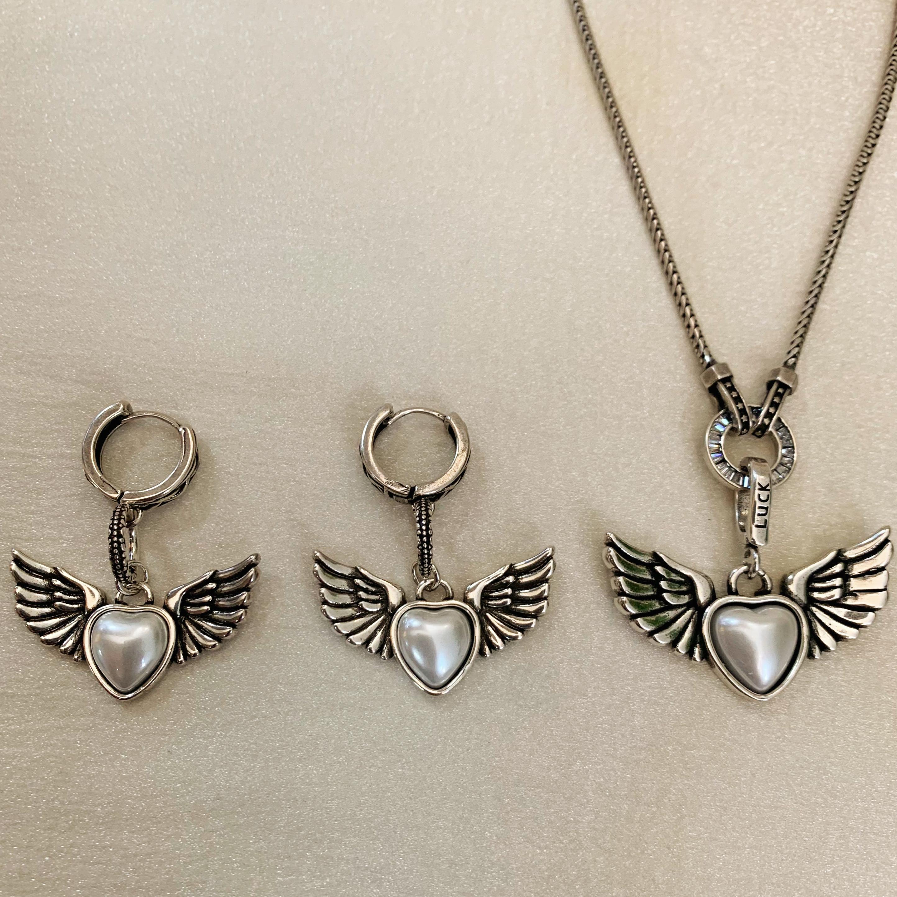 Silver Angel Wings Heart Jewelry Set