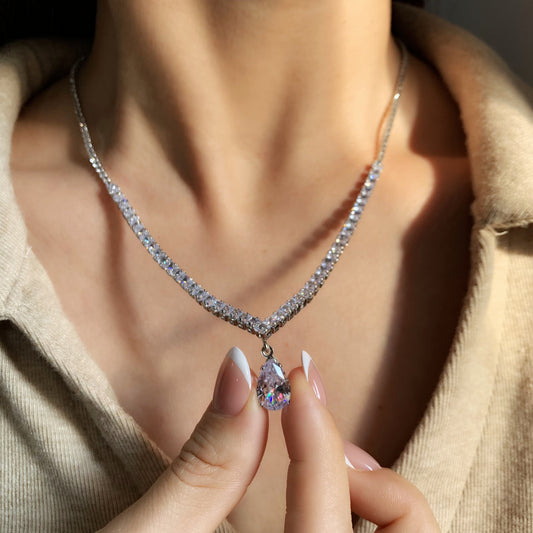 Crystal Necklace with Teardrop Pendant | Adjustable Delicate Statement Necklace | Gift for Her