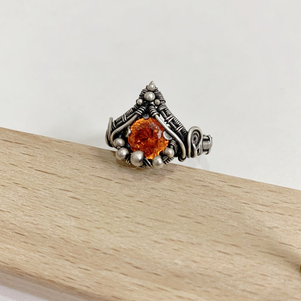 Vintage Silver Bead Wrapped Around Silver Wire Braided Orange Gemstone Ring