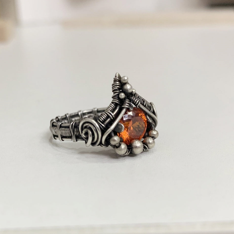 Vintage Silver Bead Wrapped Around Silver Wire Braided Orange Gemstone Ring