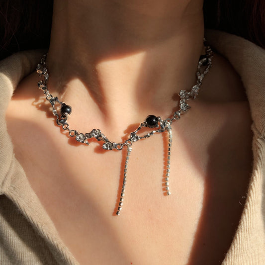 Dainty Punk Style with Black CZ Beads & Short Tassel Drops | Silver Gift For Her