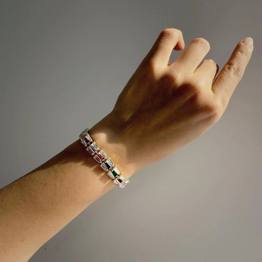 Sparkling Rainbow CZ Baguette Tennis Bracelet–6.3 Inches | Minimalist Multicolor Jewelry | Gift for Her & Best Friend