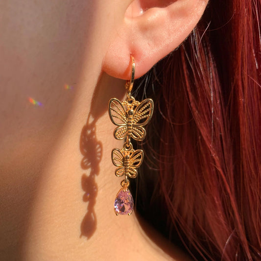 Gold Double Butterfly Drop Earrings | Pink CZ Teardrop Dangle Earrings| Fairycore Sparkling Jewelry |Gift for Her | Nature Inspired Earrings
