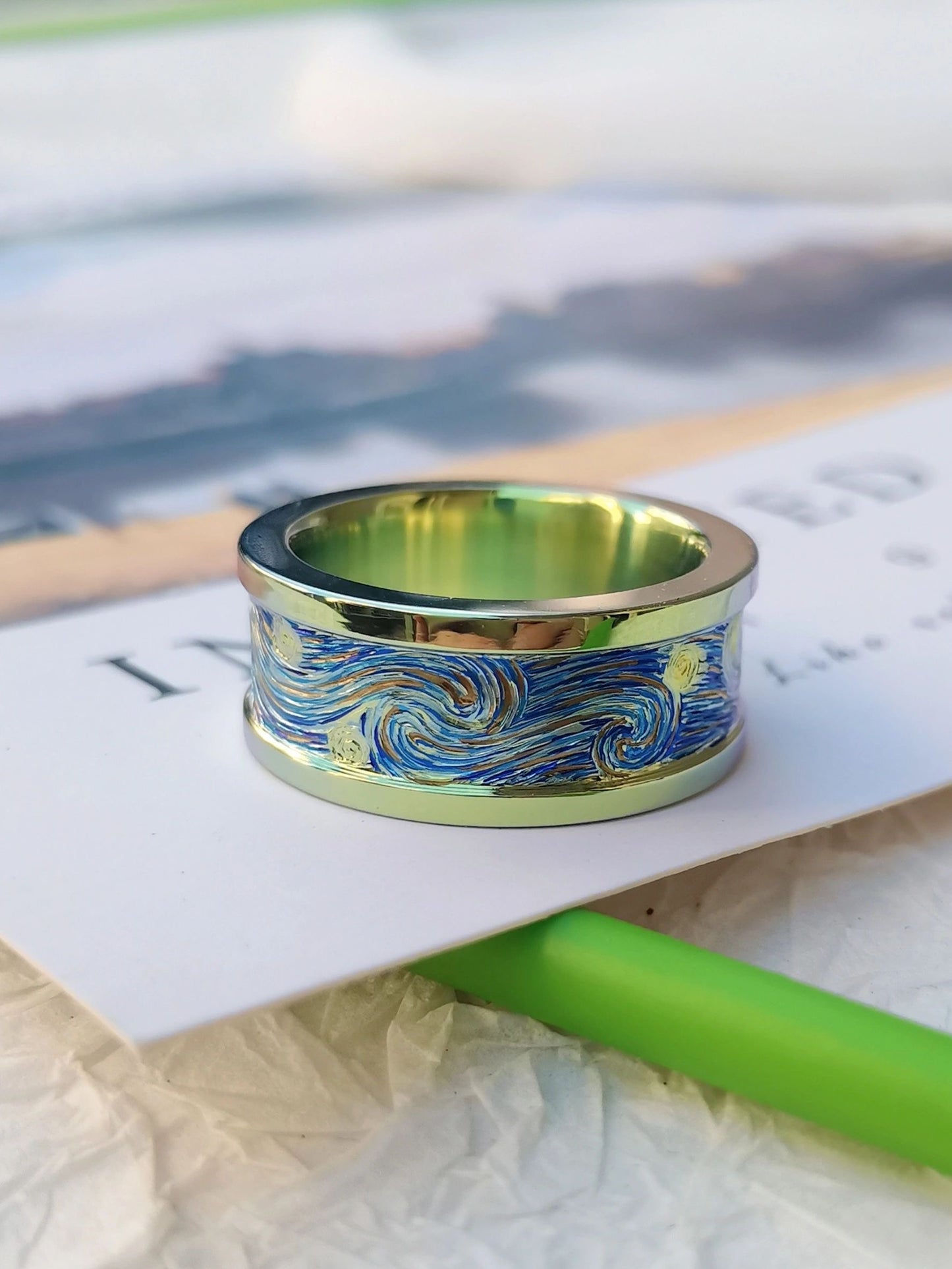 Van Gogh Artist Series - Starry Night Hand Painted Ring For Male Female Fashion Jewelry